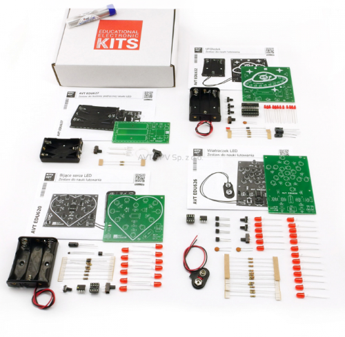 AVTEDU4PAKIET Zestaw 4 kitów DIY do nauki lutowania (AVTEDU620, AVTEDU626, AVTEDU627, AVTEDU632)
